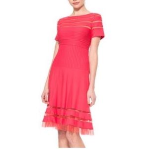 Tadashi Shoji Pintuck Pleated Ribbed Jersey Cutout Mesh Dress Womens Size Large